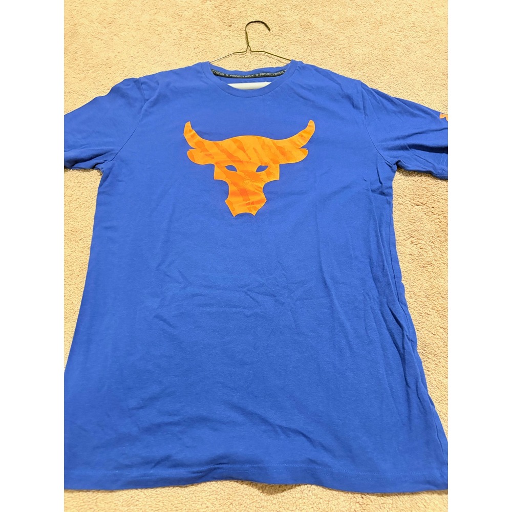 Under Armour Mens Project Rock Brahma Bull Graphic T-Shirt Blue Orange Small